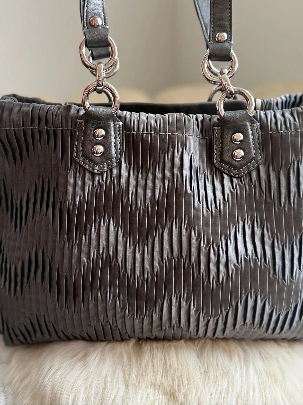Coach Ashley Ruched Leather Shoulder Bag in Charcoal